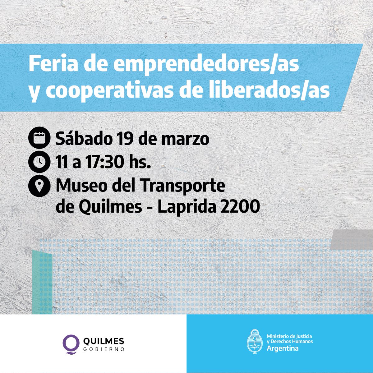 MinJusticia_Ar's tweet photo. Con el objetivo de impulsar la readaptación social y económica de personas que hayan sido privadas de su libertad, la Dirección de Readaptación Social y el @QuilmesMuni te invitan a la feria de emprendedores y cooperativas de liberados. 

¡Te esperamos! https://t.co/ECmk0gqe7T