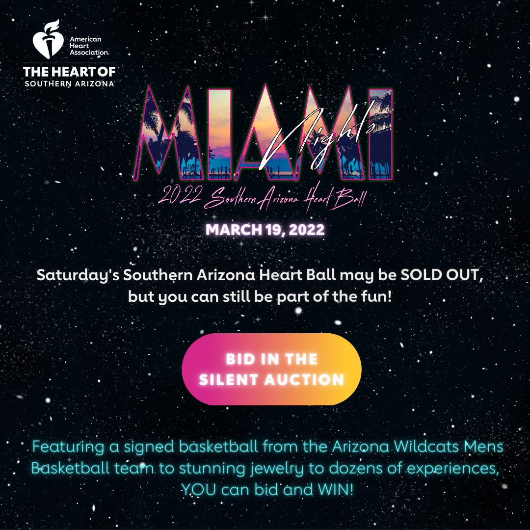 AHAArizona's tweet photo. Saturday's Southern Arizona Heart Ball is SOLD OUT, but you can still join the fun! Check out the silent auction, sponsored by Sunstreet Mortgage. You'll find a signed Arizona Wildcats basketball and so much more. Everyone is welcome to bid and WIN! #SoAZHeartBall https://t.co/OHyCGoxccZ