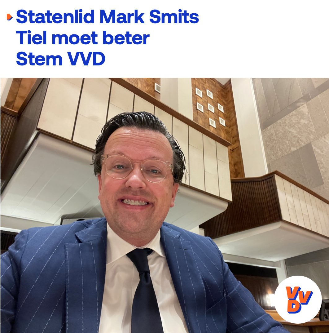 Vanuit Arnhem roept Mark Smits op om morgen VVD te gaan stemmen. 🖍️ 

Deze Tielenaar zit namens de VVD in de Staten van de Provincie Gelderland. 

VVD #Tiel is een lokale partij met korte lijnen naar Provincie en Den-Haag. ☎️ 

Stem morgen <a href="/VVDTiel/">VVD Tiel</a> 🧡💙
#vvdtiel #GR2022