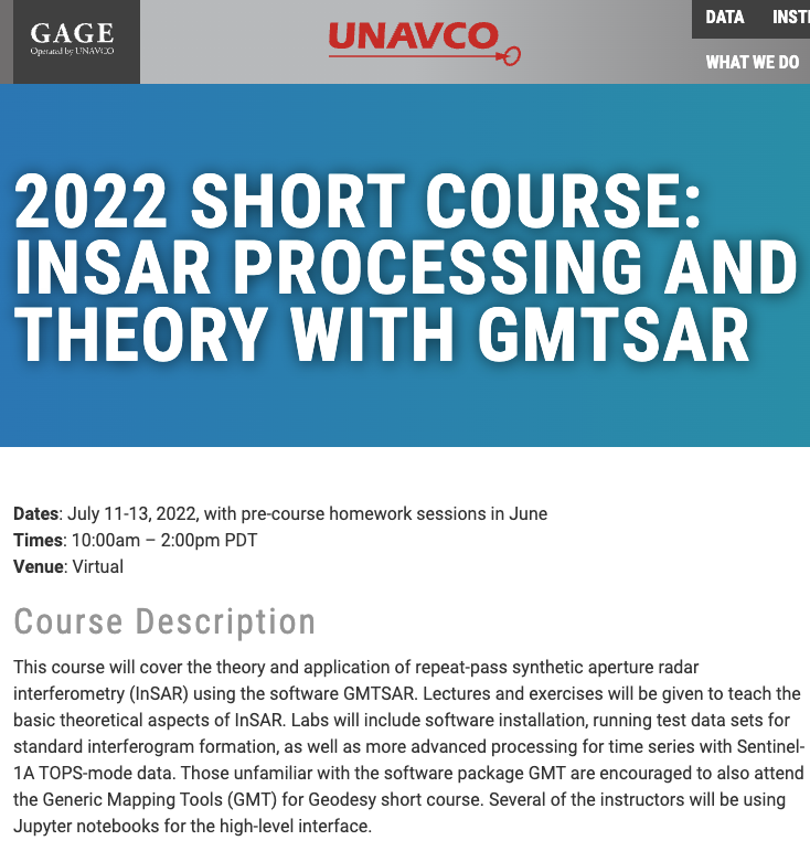 📢 Short course Alert : The annual @UNAVCO  GMTSAR InSAR Processing short course is now open for registration! The course dates are July 11-13 and small group hands-on meetings with instructors in June. unavco.org/event/2022-sho…