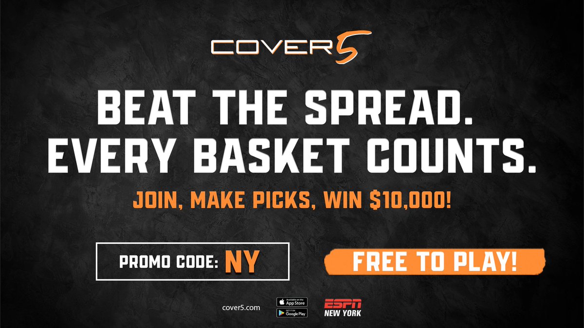 ESPNNewYork's tweet photo. WIN CASH! THERE"S STILL TIME! Sign up for #COVER5! A free-to-play sports game. Sign up at https://t.co/HHqu3d9uNL or COVER5 app. USE PROMO CODE NY. Best score each day wins $1K. Top overall score at the end of the first tourney weekend wins $10K! Rules-> https://t.co/ad03IQJPMy https://t.co/lP9LbsN6VY