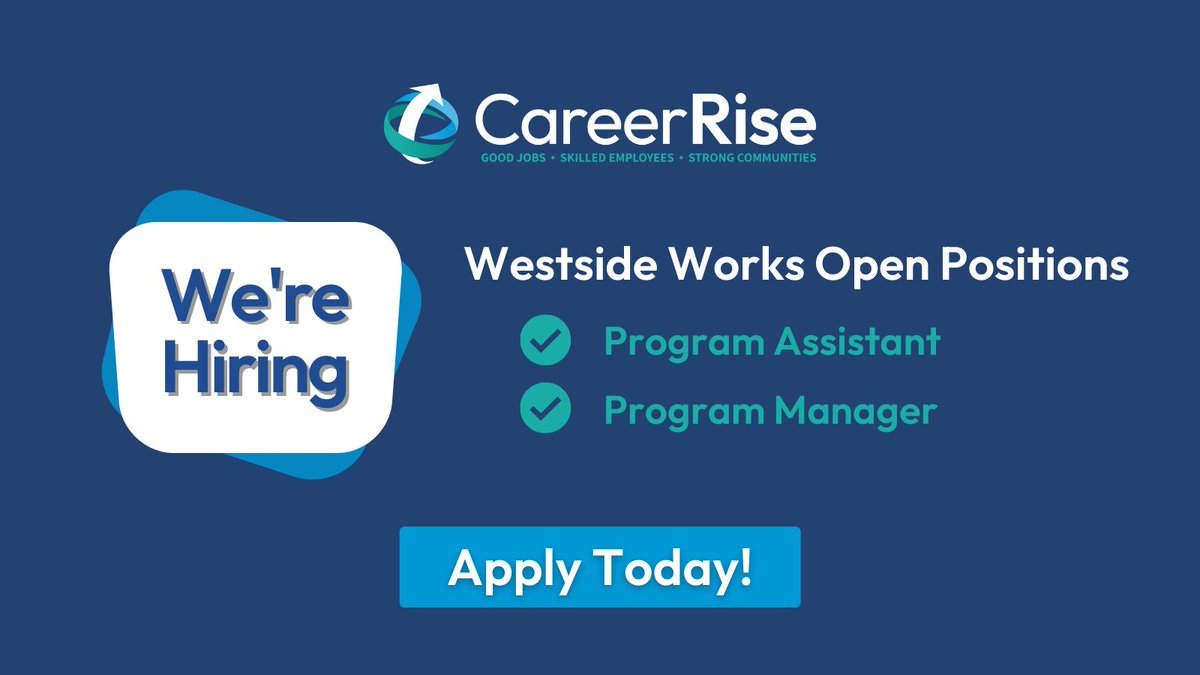 CareerRise is #hiring! Our Westside Works team is looking for a Program Assistant &amp; Program Manager. Come join our amazing and dynamic organization. #ApplyToday!
Program Assistant - nam10.safelinks.protection.outlook.com/?url=https%3A%…
Program Manager - nam10.safelinks.protection.outlook.com/?url=https%3A%…
#workforcedevelopment #career