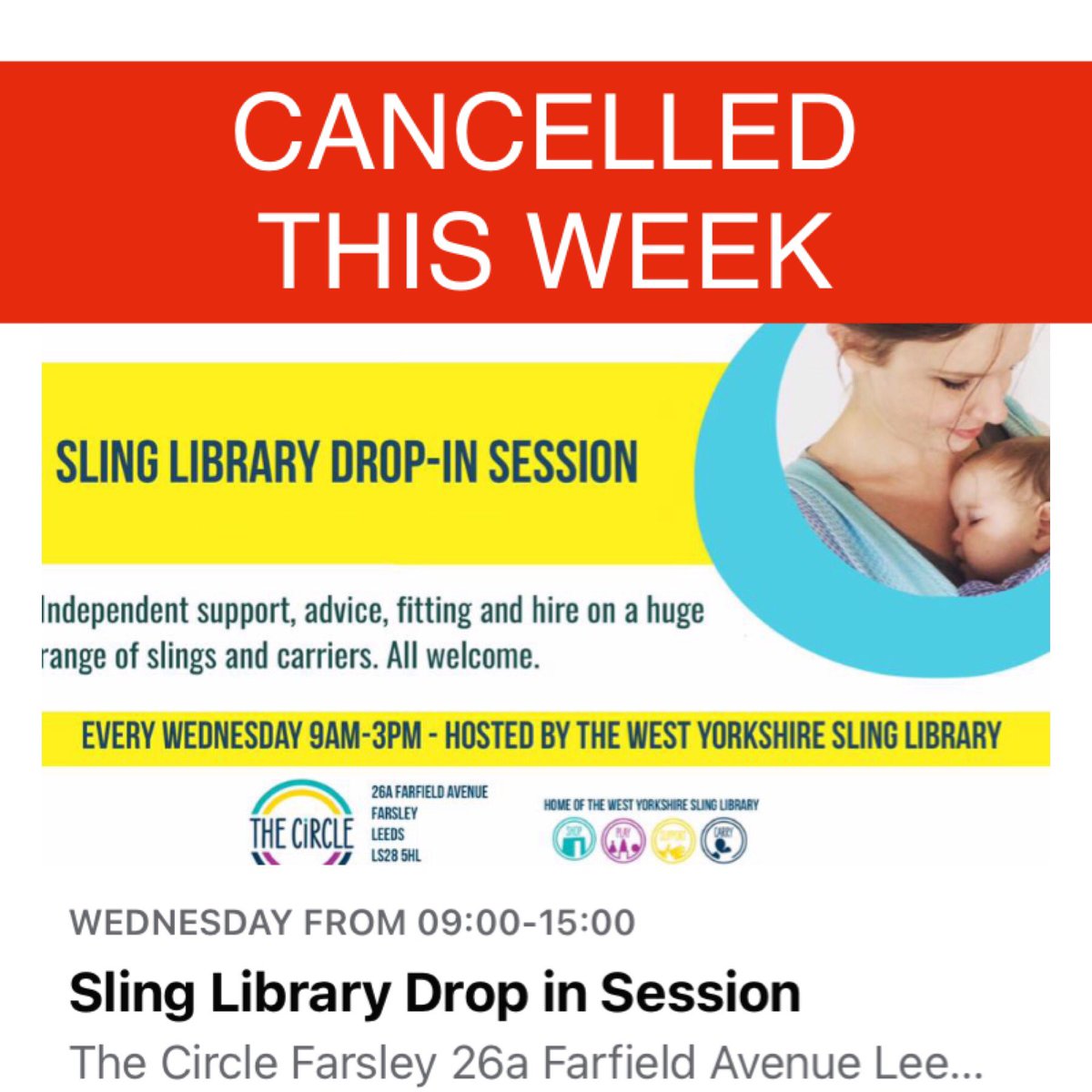 wyslinglibrary's tweet photo. So sorry - this week’s Wednesday drop in is cancelled due to a positive covid test. We will be back as soon as we can to keep everyone safe. Please share with anyone interested in coming along. Other groups at The Circle Farsley will run safely as normal with their facilitators. https://t.co/KIfZoF2T0s