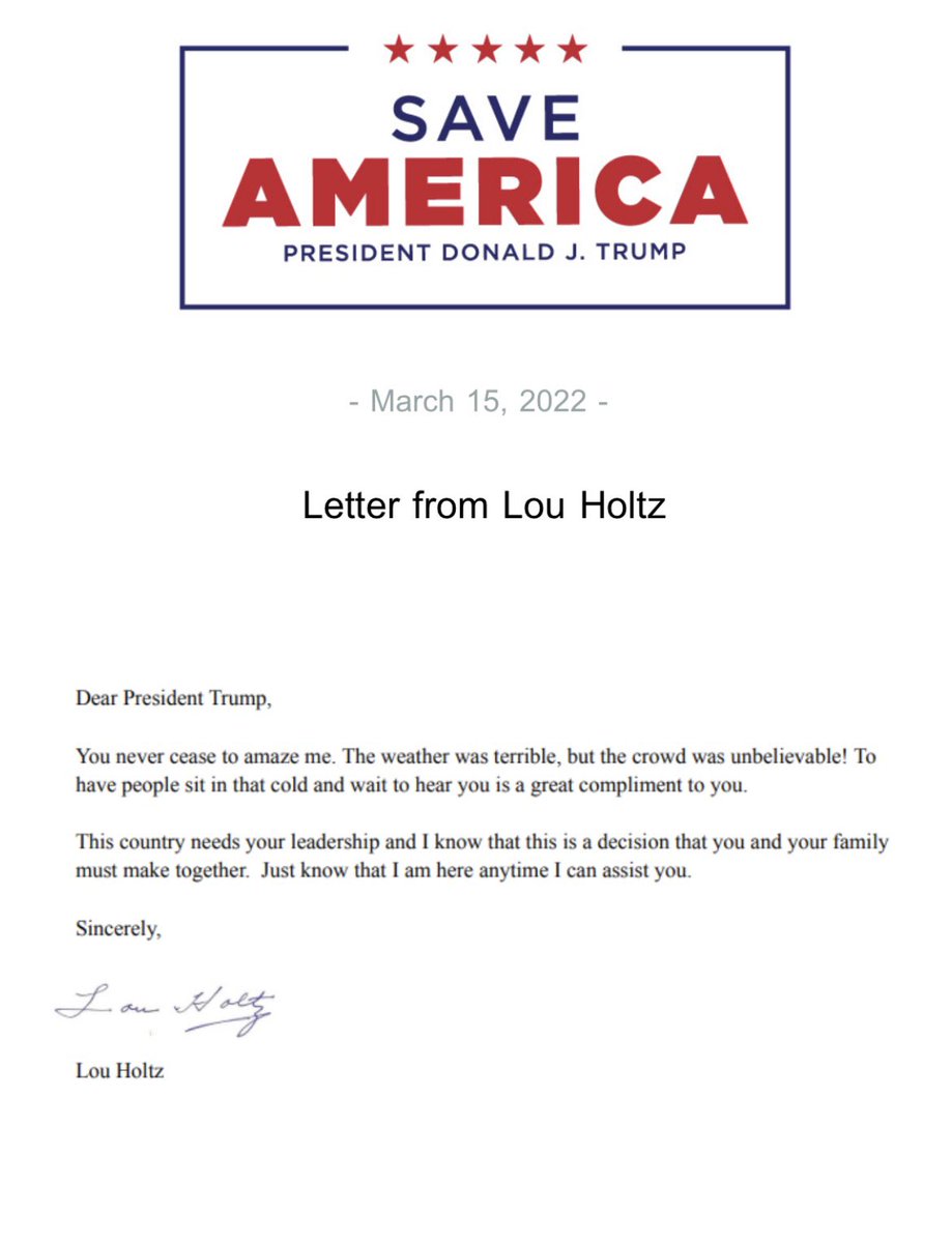 RSBNetwork's tweet image. Letter from Lou Holtz to President Trump