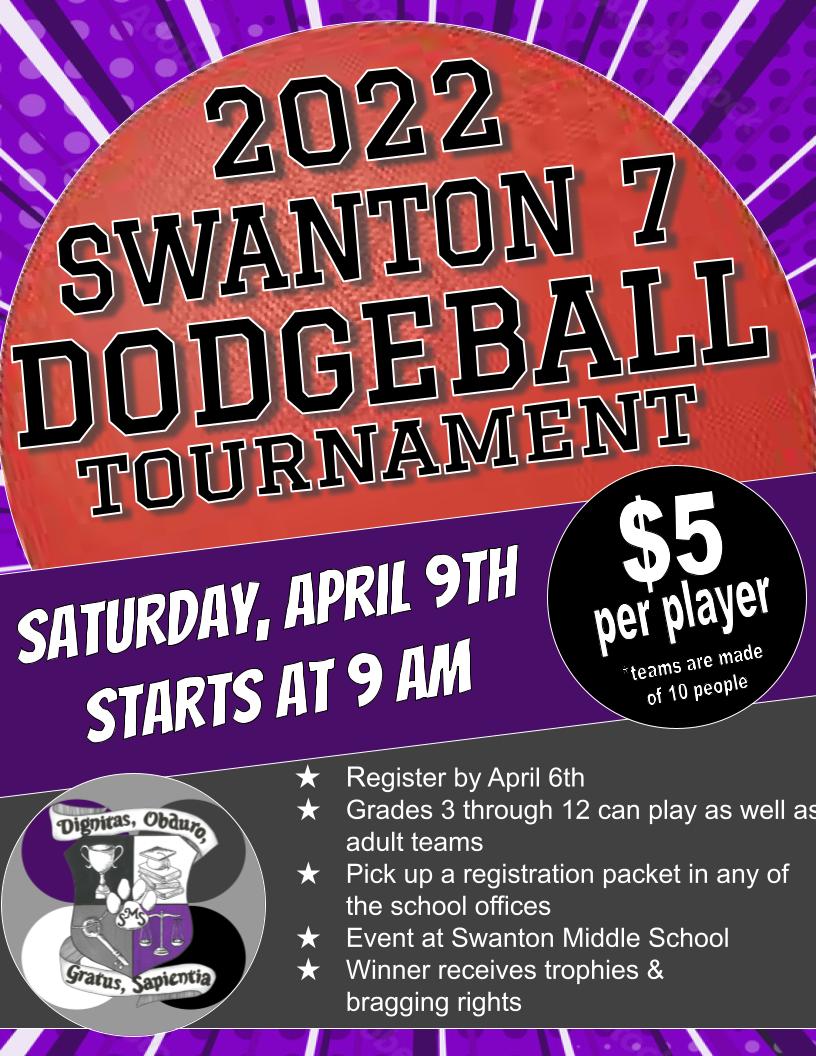 SwantonMS's tweet photo. Come one, Come ALL! Swanton Middle School is hosting a Dodgeball Tournament on April 9th. See picture for details. Email leigh.pancoast@swantonschools.org or matt.smith@swantonschools.org if you have any questions. https://t.co/821d4gagmU