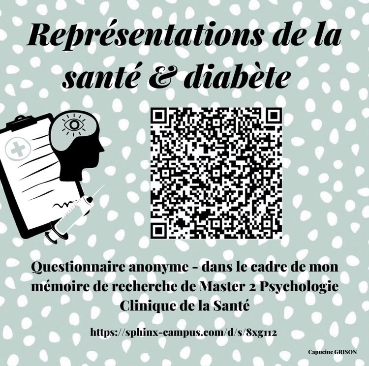 CapucineGrsn's tweet photo. Bonjour à tous ! #diabète 

Je réalise cette recherche dans le cadre de mon Master 2 de #Psychologie Clinique de la #Santé spécialité Handicap Médico-Psychologique.

TOUT LE MONDE PEUT PARTICIPER (18 ans minimum)

Le lien du questionnaire (anonyme) https://t.co/rwshGtH1hU https://t.co/qZdB1LL8Ac