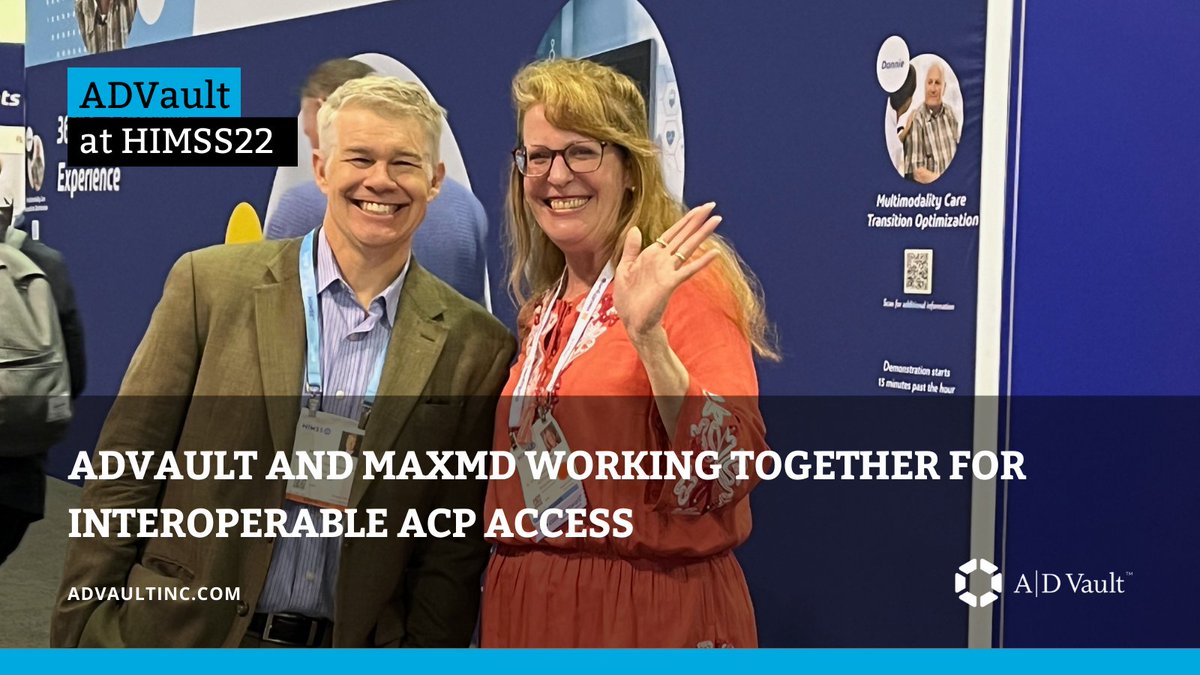 ADVault_Inc's tweet photo. Matt Elrod #MaxMD and Maria Moen #ADVault catch up on our #interoperability partnership at #HIMSS22 so #MyDirectivesAreHere across continuum of care https://t.co/Lw3l6En1LU