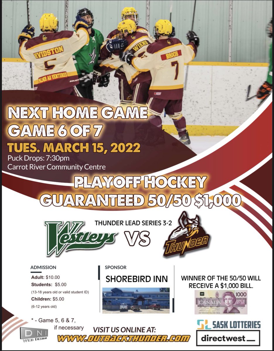 Game day!! The Thunder are at home tonight looking to close out the series against the Westleys! Puck drop is 7:30PM and the 50/50 is guaranteed $1000 thanks to the Shorebird Inn! Let’s pack the barn and make some noise!!