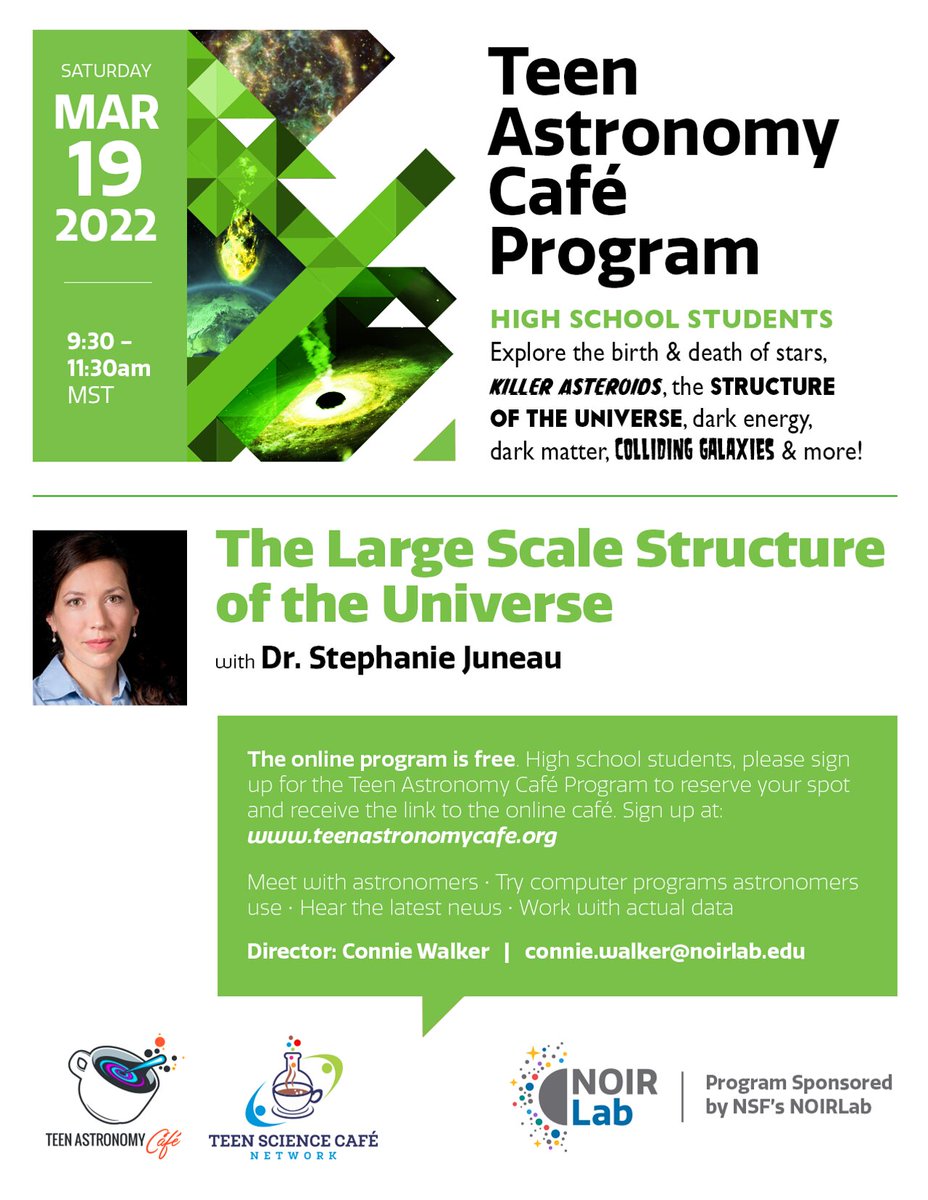 KittPeakNatObs's tweet image. High school students, we invite you to register for #NOIRLab's free online #TeenAstronomyCafé, “The Large Scale Structure of the Universe,” to be held on Saturday, 19 March 2022 at 9:30am MST!
 
Register by 17 March 2022 at noirlab.edu/public/educati…
 
 #DiscoverTogether