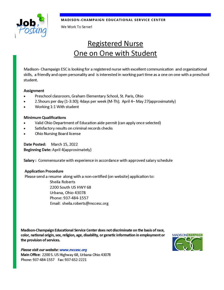 M_C_ESC's tweet photo. Please help us spread the word that we are looking for an RN for a student at Graham Preschool! 

#WeWorktoServe https://t.co/LRVoOBTtGV