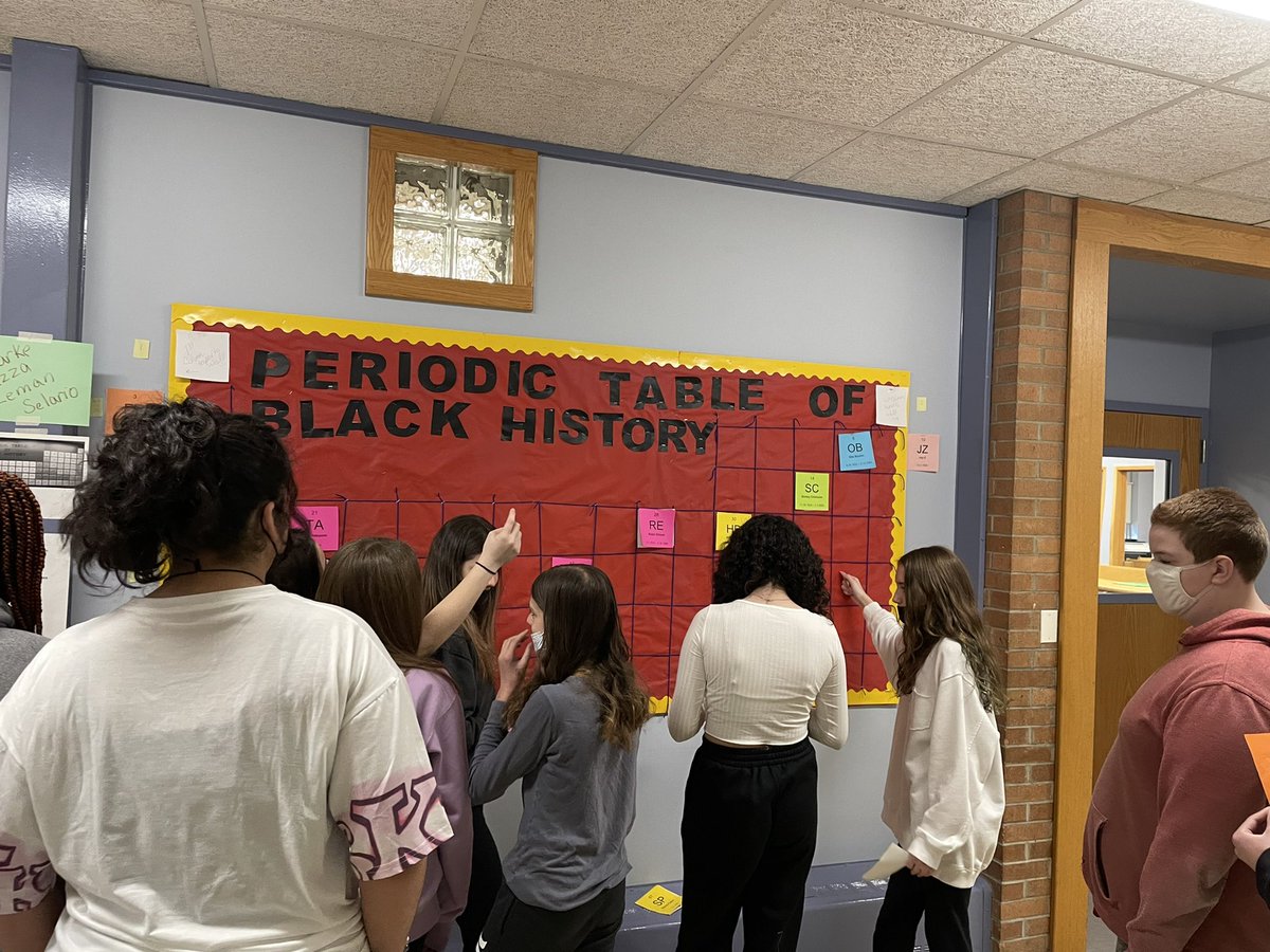 abmichalek's tweet photo. A little late but our science students were able to create a periodic table highlighting famous people throughout history for black history month! Each student created a Snapchat story demonstrating their person’s accomplishments and life! #BlackHistoryMonth @ms_woodland https://t.co/M4XXzGAPiH