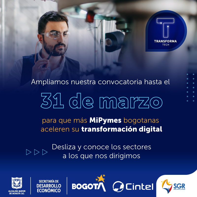 CINTELColombia's tweet photo. Extendimos la fecha de cierre de convocatoria para acompañar a más empresas de Bogotá en su camino hacia la #TransformaciónDigital. ¡Vamos por más con #TransformaTech! 

No te quedes por fuera e inscríbete antes del 31 de marzo: https://t.co/Gdd0n6AdYU