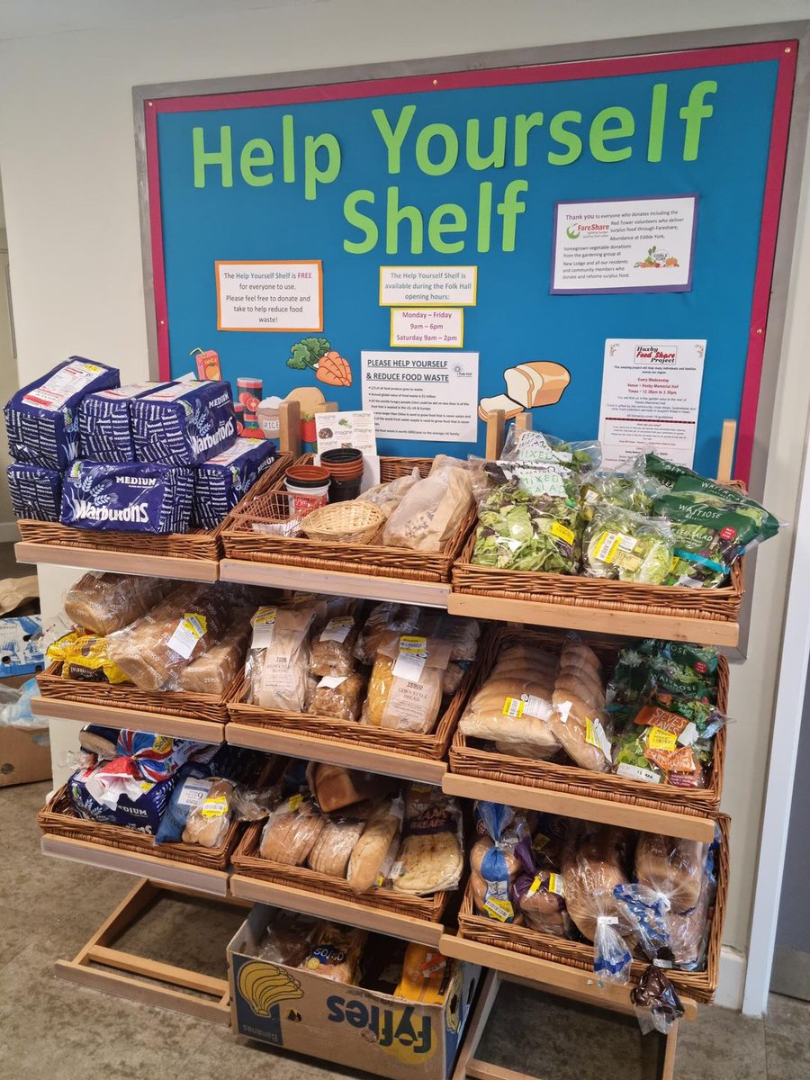 socialvisionuk's tweet photo. We love the new help yourself shelf at the @JRHT_FolkHall! It receives food from @EdibleYork and other sources that anyone can take for free, to help tackle food waste. If you’re ever around New Earswick, check it out! https://t.co/kGWLKZyg6U