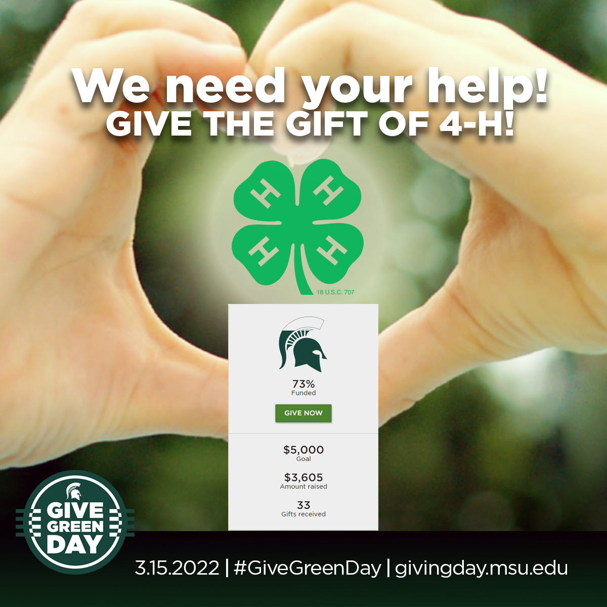 Michigan4H's tweet photo. We’re close to reaching our goal! Help us get to $5,000 and unlock an extra $1,000 for #Mi4H learning experiences. #GiveGreenDay https://t.co/qZlf1BMwn6 https://t.co/itnYIWZBhI