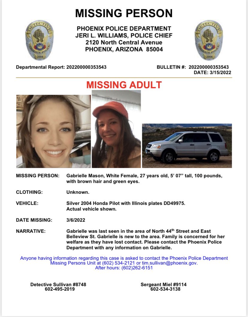 jlumfox10's tweet photo. Have you seen Gabrielle Mason?
The 27yo was last seen in area of 44th St and McDowell on 3/6/22. She drives a 2004 Honda Pilot w/ Illinois plate DD49975. Her family has lost contact with her. #fox10phoenix #missinginaz https://t.co/Xh3aJ6Hyb2