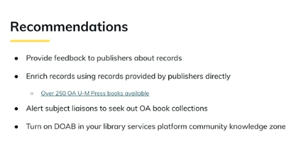 Excited to see this slide @emmavecellio &amp; Jennifer Meekhof's presentation about how <a href="/UMichLibrary/">University of Michigan Library</a> &amp; <a href="/UofMPress/">University of Michigan Press</a> working to establish better discovery of OA content

Our #erl22 presentation also discussed the importance of *Provid[ing] feedback to publishers about records*