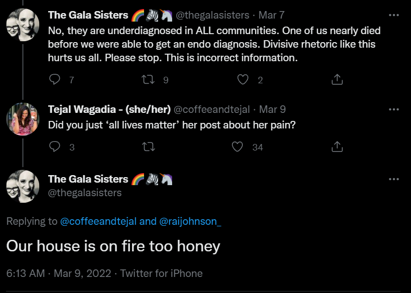 AdaTakes's tweet photo. Here's a new one: being "mean" on Twitter violates the ADA.

Context: A Black woman with endometriosis mentioned how it's underdiagnosed in Black and Brown communities. TGS all-lives-mattered this (1st image).  When called out, TGS doubled down... https://t.co/47uvgZwN1v