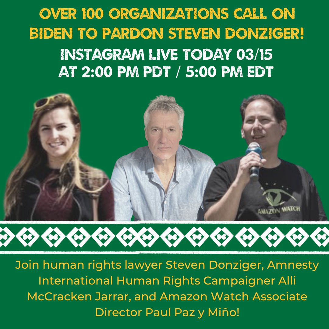 Join me, @AlliJarrar of @amnesty, and @SDonziger on Instagram at 2PT/5ET TODAY. You can find us on @AmazonWatch's IG- which is just '@amazonwatch'. We sick & tired of @JoeBiden ignoring #humanrights & helping @Chevron get away with its heinous crimes in the Amazon. #FreeDonziger