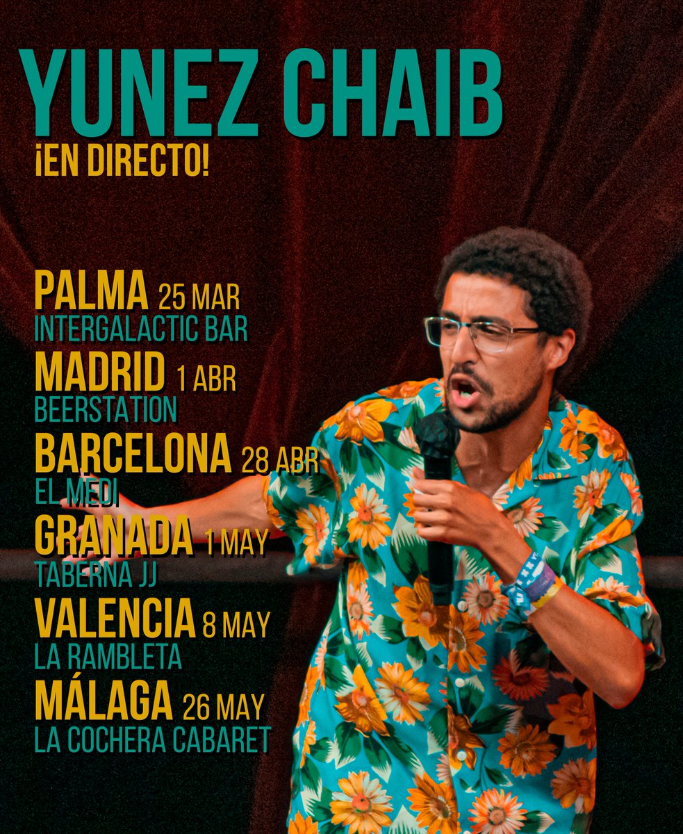 YunezChaib's tweet photo. buenoo gente aquí todas las fechas de la temporada, a partir de octubre vuelvo a actuar pero seguramente toquen otras ciudades (alicante, tenerife, sevilla, bilbao, etc). entradas en bioooo https://t.co/jKbnzDGMZE