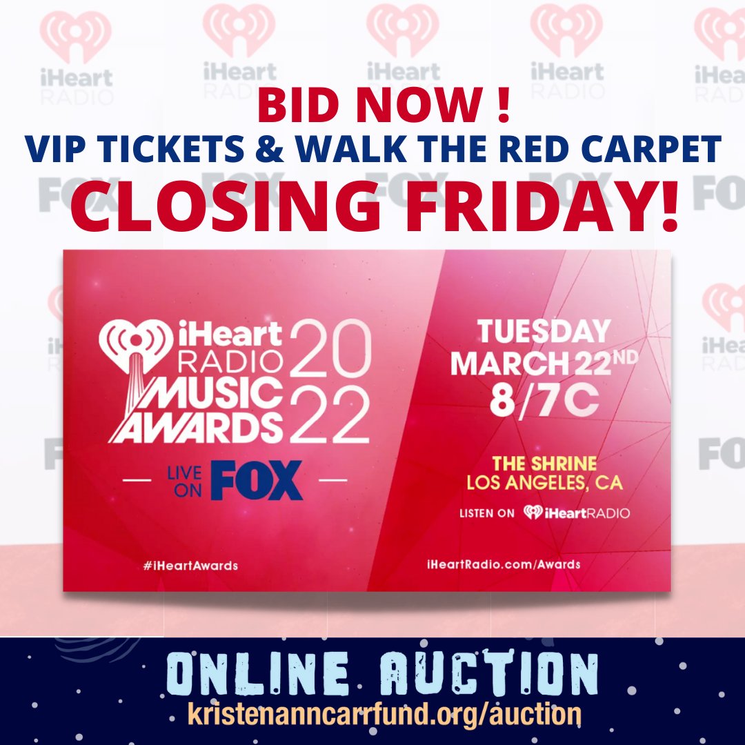 #BIDNOW on the Chance to win Tickets to The @iheartradio Music Awards in Los Angles, CA ... Bidding Ends 3/18 so don't miss the opportunity to win 2 Tickets to The Pre-Party and The opportunity to walk the Red Carpet!
.
.
kristenanncarrfund.org/auction