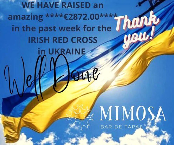 Mimosa Bar de Tapas (@mimosawinebar) on Twitter photo Through donating all sales of Desserts last we we raised โฌ2182.00 & the Power to Ukraine Cocktail โฌ690.00 so in total โฌ2872.00 so we will round that up to โฌ3000.00 & send it to the IRISH RED CROSS for UKRAINE from the customers & team of Mimosa with all our support ! Through donating all sales of Desserts last we we raised โฌ2182.00 & the Power to Ukraine Cocktail โฌ690.00 so in total โฌ2872.00 so we will round that up to โฌ3000.00 & send it to the IRISH RED CROSS for UKRAINE from the customers & team of Mimosa with all our support !