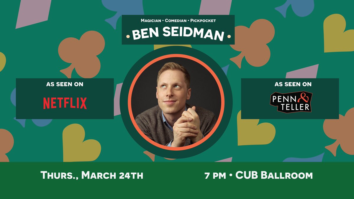 Greyhounds! Comedian Magician Ben Seidman will be at the ENMU campus on Thursday, March 24th at 7 pm in the Campus Union Building, Ballroom! You don't want to miss out! 🙂🙃😁😂
Check him out on Youtube: youtube.com/watch?v=e9WYxK…