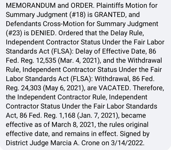 Ildiko_Santana's tweet photo. The U.S. District Court for the Eastern District of Texas has ruled that @SecMartyWalsh & @USDOL broke the law when they withdrew the Trump-era rule for determining independent contractor status. 3/14/2022
#SaveSelfEmployment #RepealAB5 #NoPROact #IRSnotABC #AB5 #PROAct https://t.co/5Z8K24ov2h