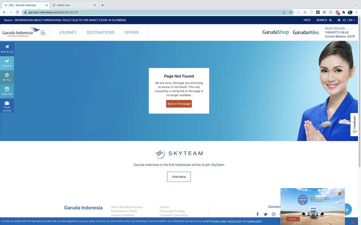 hbnr83's tweet photo. @IndonesiaGaruda Trying to book a flight on your website but keep getting a 404. https://t.co/CWix2Izx2e