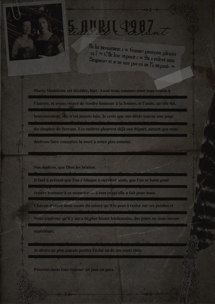 tw : mort.

𝐄st-ce que tu te souviens de la leçon que je t'ai enseignée, Jules-Eudoxie ? 𝐍e crois jamais tes yeux, parce que [...]

⠀⠀⠀⠀⠀⠀⠀⠀⠀[...] 𝚄𝙽 𝙼𝙴𝚂𝚂𝙰𝙶𝙴 𝙴𝙽 𝙲𝙰𝙲𝙷𝙴
⠀⠀⠀⠀⠀⠀⠀⠀⠀⠀⠀  ⠀𝚃𝙾𝚄𝙹𝙾𝚄𝚁𝚂 𝚄𝙽 𝙰𝚄𝚃𝚁𝙴.