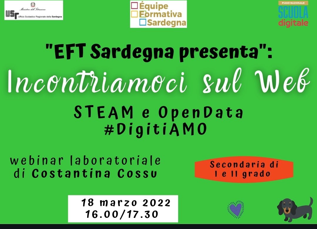 musesarde's tweet photo. #PNSD -#EFT Saredegna. - II Ciclo di webinar "Incontriamoci sul web"-#USR-EFT Sardegna (Nota USR 2877/22)
6°Incontro “STEAM e Open Data #Digitiamo ”  - 18 marzo 2022 
Ultimi posti disponibili.
Per iscriversi compilare il modulo tipologia D https://t.co/Cnufv3wIGC https://t.co/L3tx32dUMK