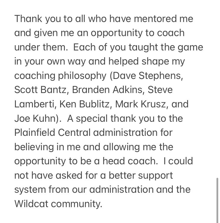 CoachGBayer's tweet photo. To the Wildcat Community, I have made an extremely difficult decision to step down as head basketball coach at Plainfield Central. It has been an honor and a privilege to lead this program for the past 5 seasons (see letter below). https://t.co/bYJtQghTW4