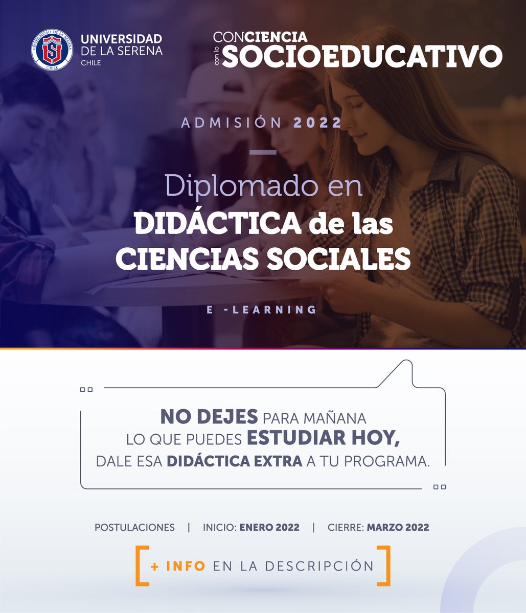 vripuserena's tweet photo. 📣Admisión 2022| 📌 Diplomado  en Didácticas de las Ciencias Sociales @userena @oeduserena
¡Matrícula gratis! https://t.co/gJbULn497N