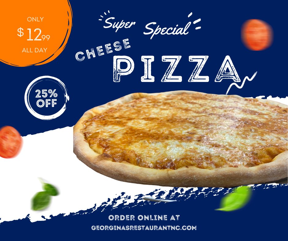 Exclusive offer for our social media followers. Large cheese pizza for just $12.99 all day! Hurry though, it's today only. 🍕😋  #pizzaspecial #georginaspizza #georginas