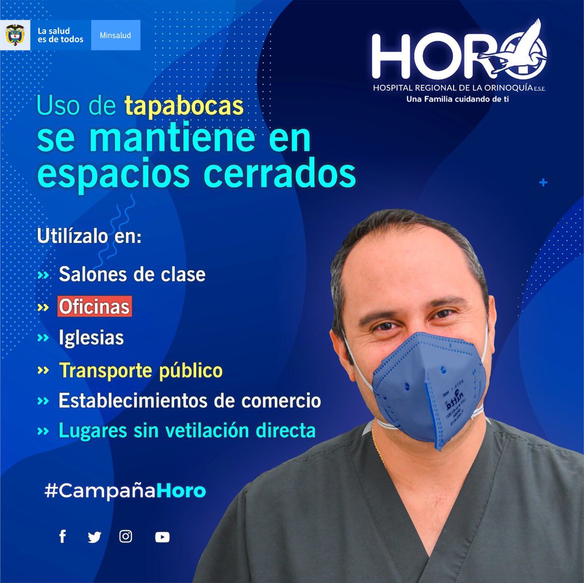 #usodeltapabocas 😷😷😷 

*Mantener el tapabocas en espacios públicos, te garantizará mayor protección contra la Covid-19*. 🦠 

🧏‍♀️🧏‍♀️🧏🧏 Sigue estas recomendaciones y protege tu vida de esta enfermedad. 

¡Hospital Regional de la Orinoquía, una familia cuidando de ti! 🏥
