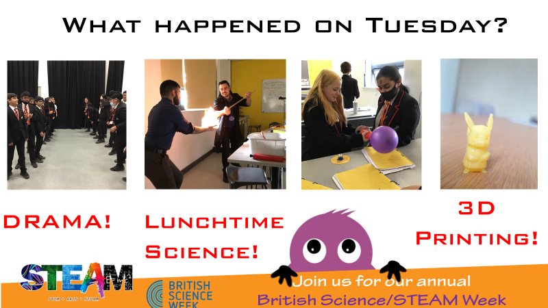 SteamTcolc's tweet photo. A fantastic start to @ScienceWeekUK #tcolcsteamweek
STEAM based lessons, lunchtime Science experiments and some amazing 3D printing!  Lots more to come!

#tcolcsteam #steam #bsw22 #drama #science #designandtechnology https://t.co/iDax74dXEy