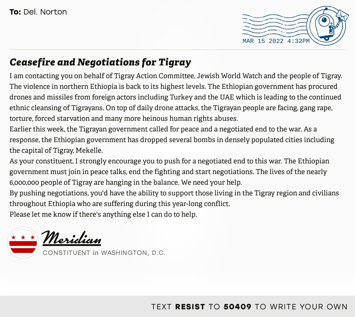 openletterbot's tweet photo. 📬 I delivered “Ceasefire and Negotiations for Tigray” from Meridian, a constituent in Washington, D.C., to @EleanorNorton #DCAL #dcision20 #TigrayGenocide

📝 Write your own: https://t.co/z5540KFSKD https://t.co/pP3youq1kL