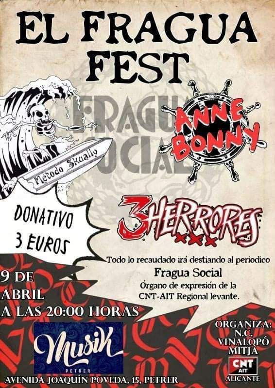 cntait_levante's tweet photo. Petrer || El @FraguaSocial Fest - Anne Bonny - 3 Herrores - Todo lorecaudado irá destinadoal periódico Fragua Social, órgano de expresión de la Confederación Regional de CNT @AIT_Espana Levante. Organiza: CNT AIT Vinalopó Mitjà. #ociodigno #cultura #cnt #ait #tusindicato https://t.co/Jy2GqCPkHJ