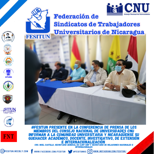 #15Marzo #FESITUN Presente la Conferencia de Prensa de los miembros del CNU, Informan a la comunidad universitaria y nicaragüense su quehacer académico, docente, investigativo, de extensión e internacionalización 
Cro. Noel Castillo, Secretario general de SJRP-UNP.