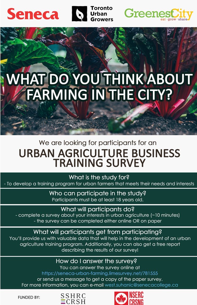 TOurbangrowers's tweet photo. Thinking about starting an urban farm business? Help shape training for urban farmers in the GTHA!  Seneca College is looking for your feedback on knowledge gaps and successful practices for urban farm businesses. Find out more about the survey at https://t.co/pkSO7BSZ3W https://t.co/Dhqr6pkDgM