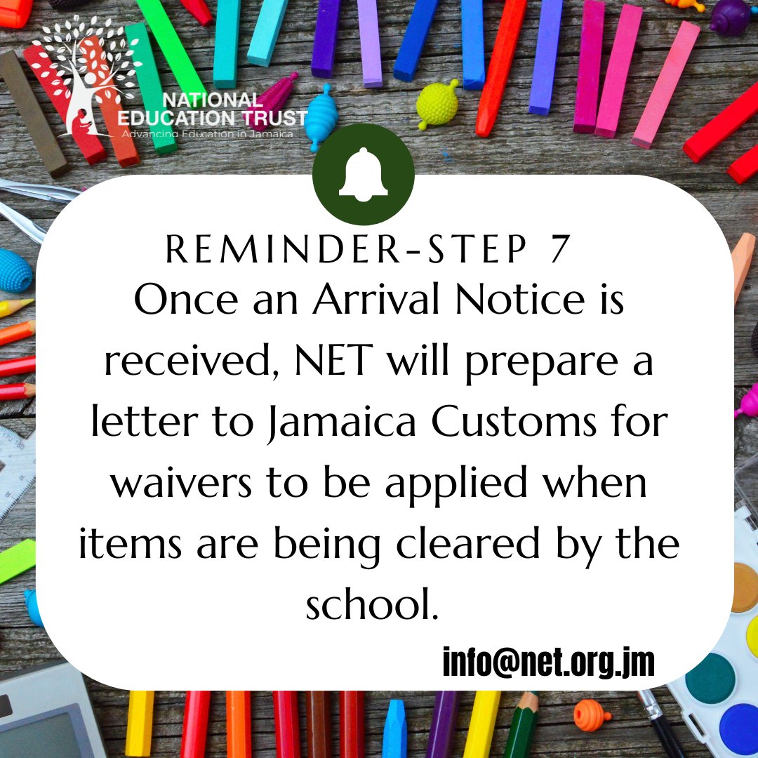 netjamaica's tweet photo. We are breaking down the Steps to Donating to #NETJamaica.
Step 7 – Once an Arrival Notice is received, NET will prepare a letter to Jamaica Customs for waivers to be applied when items are being cleared by the school.
Email info@net.org.jm to learn more!
#InvestWithNET https://t.co/WNWJA7Pauv