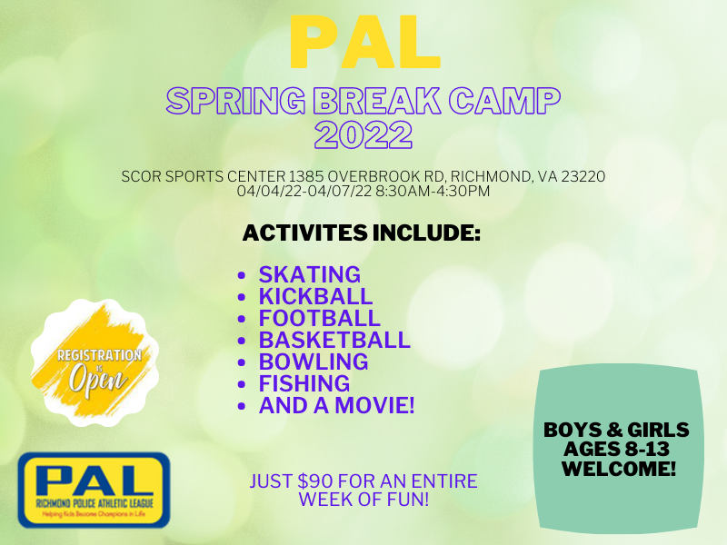 RichmondPAL's tweet photo. Richmond PAL Spring Break Camp 2022!
April 4-7 8:30am-4:30pm for boys and girls ages 8-13.
Activities include skating, kickball, football, basketball, bowling, fishing and a movie!
Located @SCOR_Richmond 
Register at the link below: 
https://t.co/ByjcNU9nvB https://t.co/19stFfHfTQ