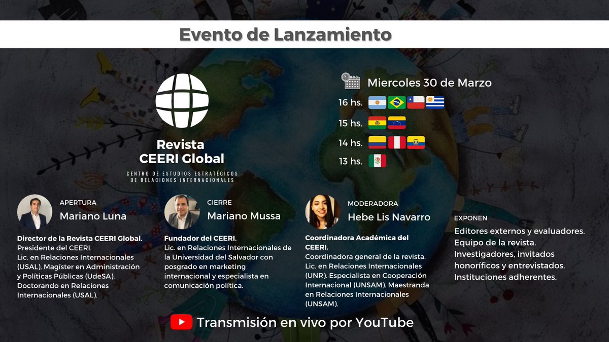 Ceeri_Global's tweet photo. 📚 LANZAMIENTO REVISTA CEERI GLOBAL 
Es de nuestro agrado compartir el lanzamiento de la revista CEERI Global en su primer número "Redefiniciones del sistema internacional en tiempos de pandemia: Análisis de asuntos estratégicos globales a dos años del primer caso de Covid-19." https://t.co/XHIVqUUyVN