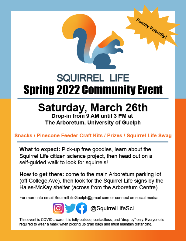 squirrellifesci's tweet photo. Save the date! Squirrel Life Spring 2022 Community #CitizenScience event. Stop by the @uogarboretum  Saturday, March 26th between 9am-3pm to grab some free stuff, learn about Squirrel Life, and then head out on your own self-guided Squirrel Walk! https://t.co/0ZoMlQp09O