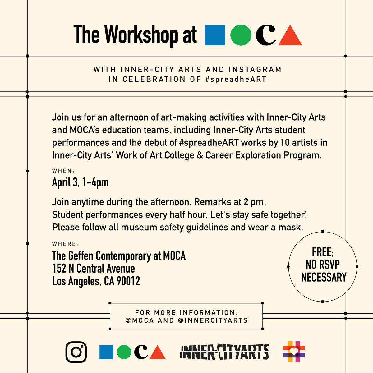 MOCAlosangeles's tweet photo. Join MOCA @InnerCityArts @instagram on Sunday, April 3 for a celebratory afternoon of fun, art-making, and student performances!
This is a free, all ages event taking place at The Geffen Contemporary at MOCA from 1-4pm.
No RSVP necessary! See you at MOCA ๐ค #spreadheART https://t.co/YkY05YhD8R