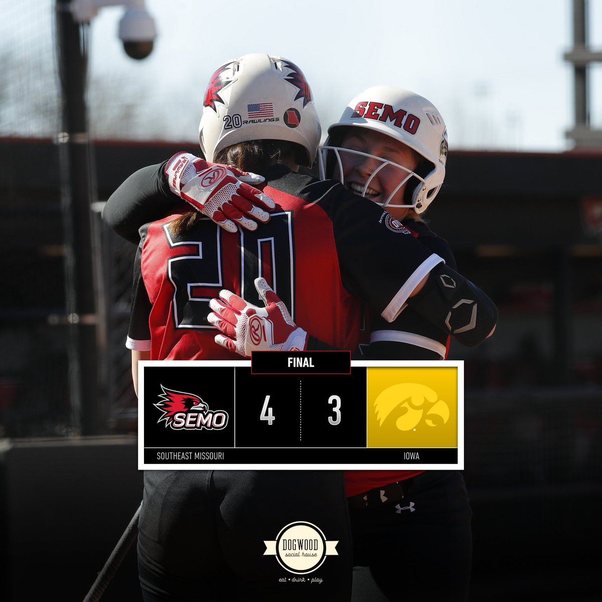 SEMOsoftball's tweet photo. That's a REDHAWKS VICTORY!!! 

SEMO edges Iowa with two runs in the top of the seventh for the Redhawks first win over a Big Ten opponent in 21 years!!

#LetsSoar https://t.co/cMJZiiP80D
