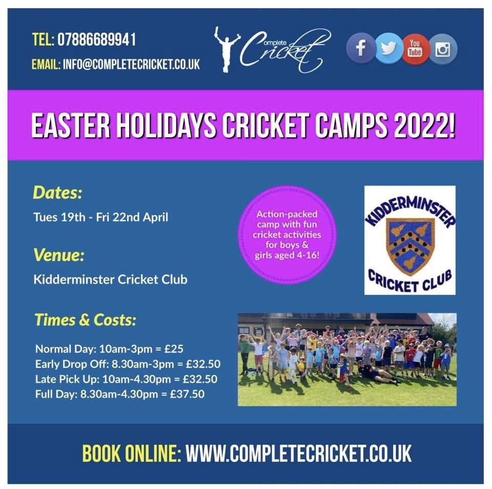 KidderminsterCC's tweet photo. A great opportunity is coming to Kidderminster Cricket Club with a top class cricket camp during the Easter Holidays. Sign up now before places are snapped up! 

#completecricket #eastercricketcamp #KCC 🔵🟡 https://t.co/CTeTSrCnsp
