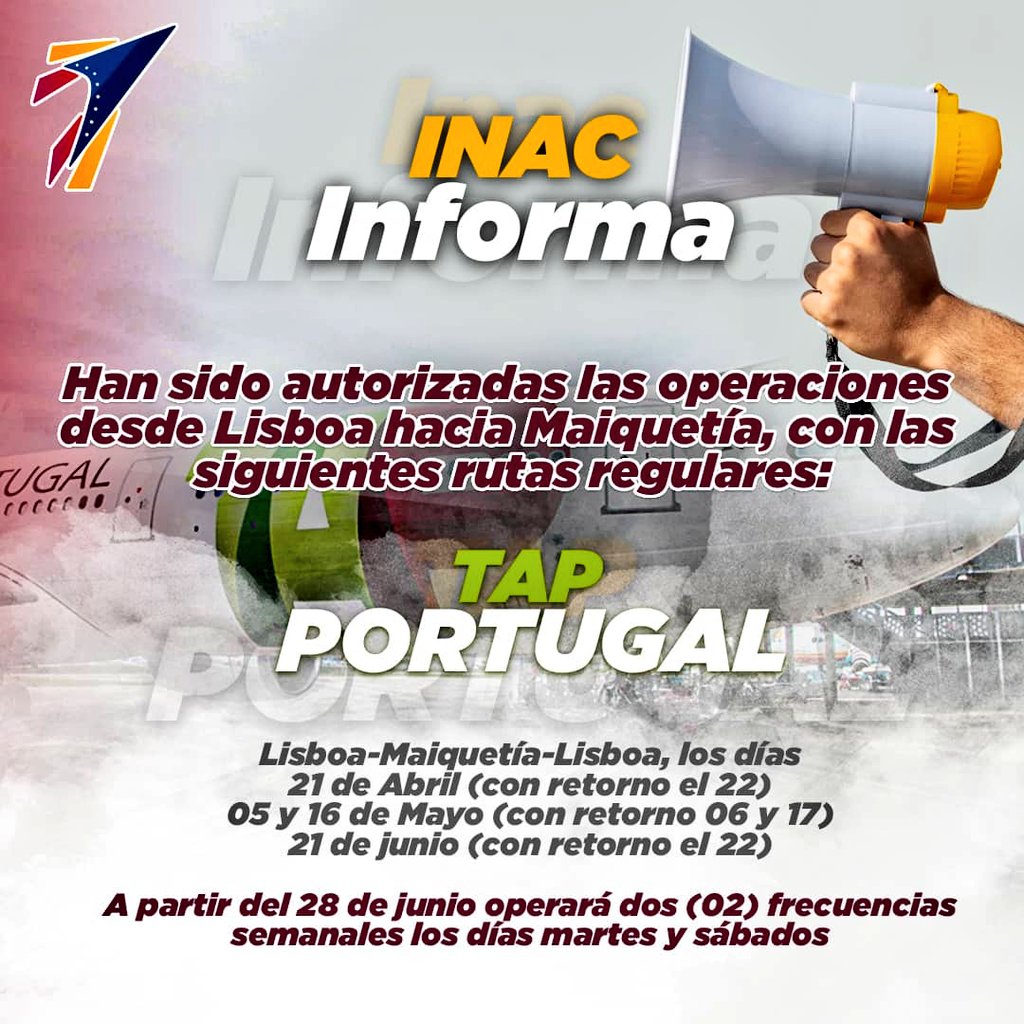 inac_ve's tweet photo. #15Mar 📣|| El #INACinforma a toda la comunidad aeronáutica y público en general que con el objetivo de continuar incrementando la conectividad aérea en el país; se ha autorizado a @tapairportugal con las siguientes operaciones https://t.co/LuwkR8TXyU