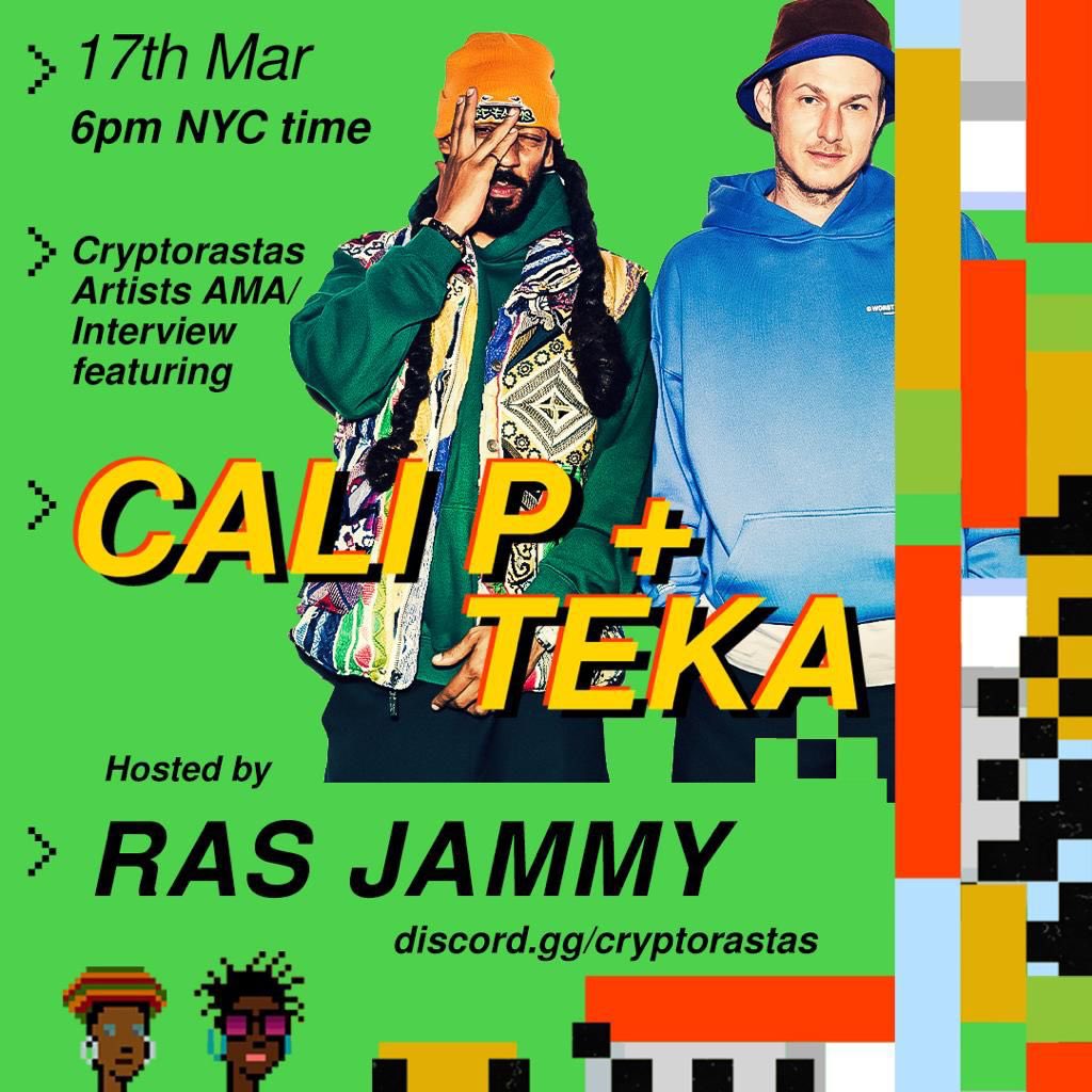 <a href="/CaliPmusic/">CALI P</a> x <a href="/TEKARIDDIMZ/">TEKA</a> join me &amp; <a href="/cryptorastas/">CryptoRastas</a> on this weeks #AMA as we discuss the upcoming auction on #opensea , #nfts #music &amp; more discord.gg/gSj4EyhA?event… join the event now !! #NFT #NFTCommumity #wagmi 🚀🚀 Ama March 17th !! Auction on April 1.