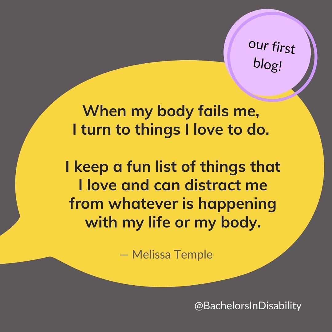 Our first blog is out! Written by community member Melissa Temple. Answering the anonymously-asked question: “How do you live a fulfilling life without full use of your mind, body, or sometimes both?”

bachelorsindisability.org/post/blog-post…