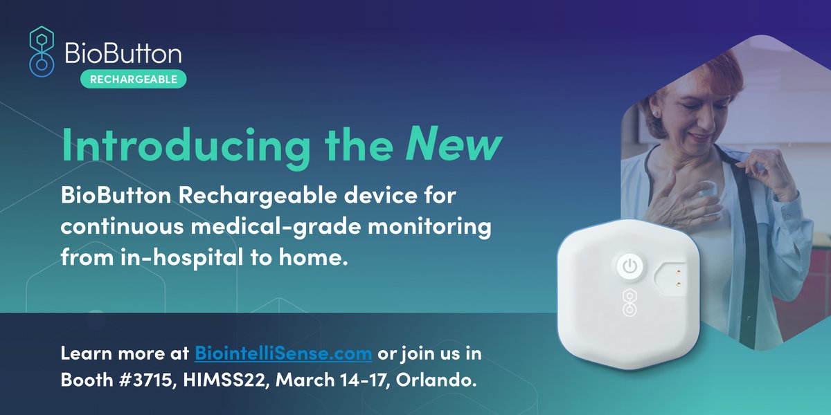 biointellisense's tweet image. Introducing #BioButton Rechargeable: A #medicalgrade #continuousmonitoring solution w/20+ vital signs &amp;amp; biometrics for in-patient to home remote care.

See how this device helps providers scale #RPM: yhoo.it/3q8lptN

At #HIMSS22? Be 1st to see the difference: booth 3715